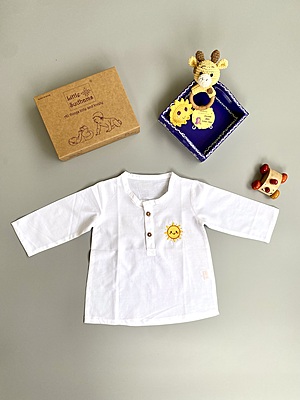 Organic Cotton Baby Boy Kurta Pajama Set (White - Sun)