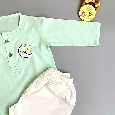 Organic Cotton Baby Boy Kurta Pajama Set (Green - Moon & Stars)