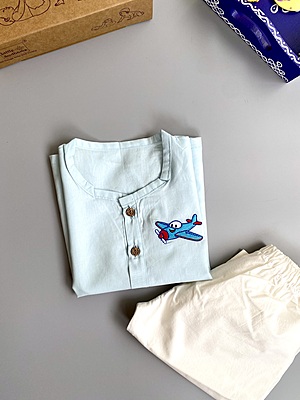 Organic Cotton Baby Boy Kurta Pajama Set (Blue - Aeroplane)