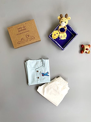 Organic Cotton Baby Boy Kurta Pajama Set (Blue - Aeroplane)