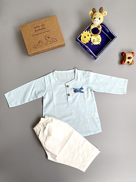 Organic Cotton Baby Boy Kurta Pajama Set (Blue - Aeroplane)