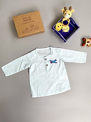 Organic Cotton Baby Boy Kurta Pajama Set (Blue - Aeroplane)