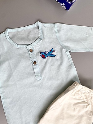 Organic Cotton Baby Boy Kurta Pajama Set (Blue - Aeroplane)