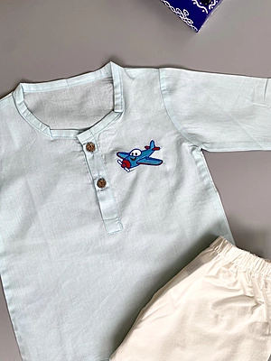Organic Cotton Baby Boy Kurta Pajama Set (Blue - Aeroplane)