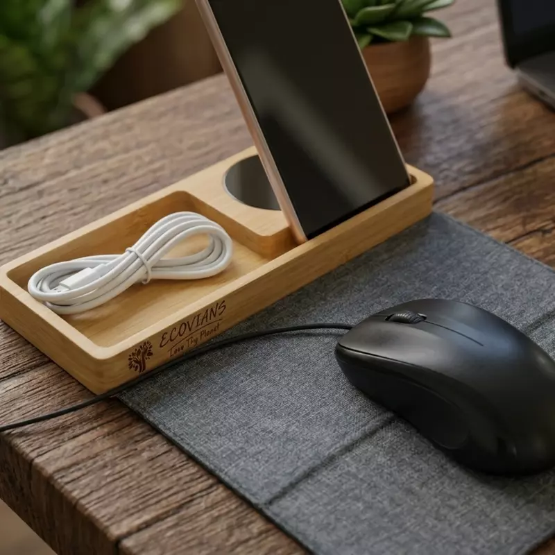 Bamboo wireless charging pad with integrated foldable mouse mat