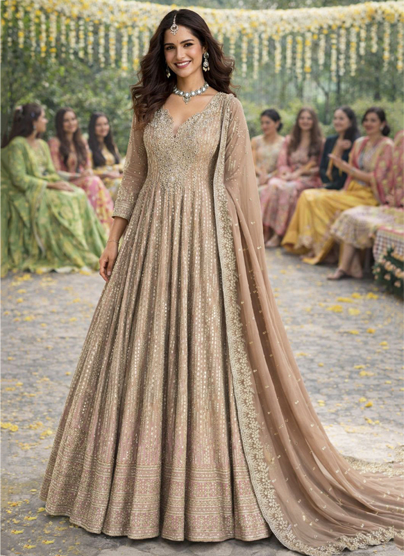 Beige Georgette Embroidery Work Occasional Wear Readymade Anarkali Suit