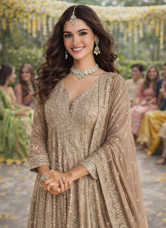 Beige Georgette Embroidery Work Occasional Wear Readymade Anarkali Suit