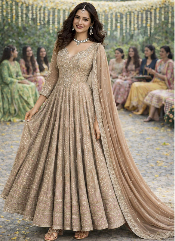 Beige Georgette Embroidery Work Occasional Wear Readymade Anarkali Suit