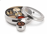 Onions Stainless Steel Belly Masala Dabba with 7 Belly Shape Spice Containers, Lid and Spoon