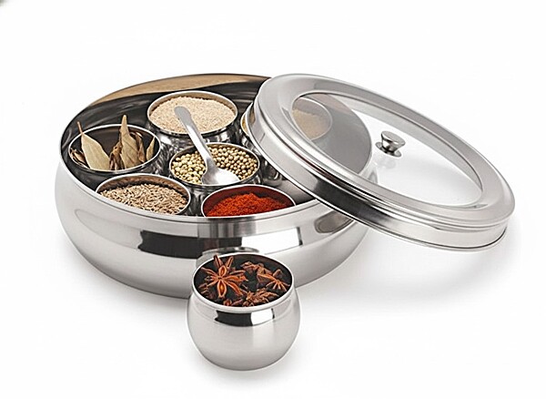 Garnny Kitchen Stainless Steel Belly Masala Dabba with 7 Belly Shape Spice Containers,