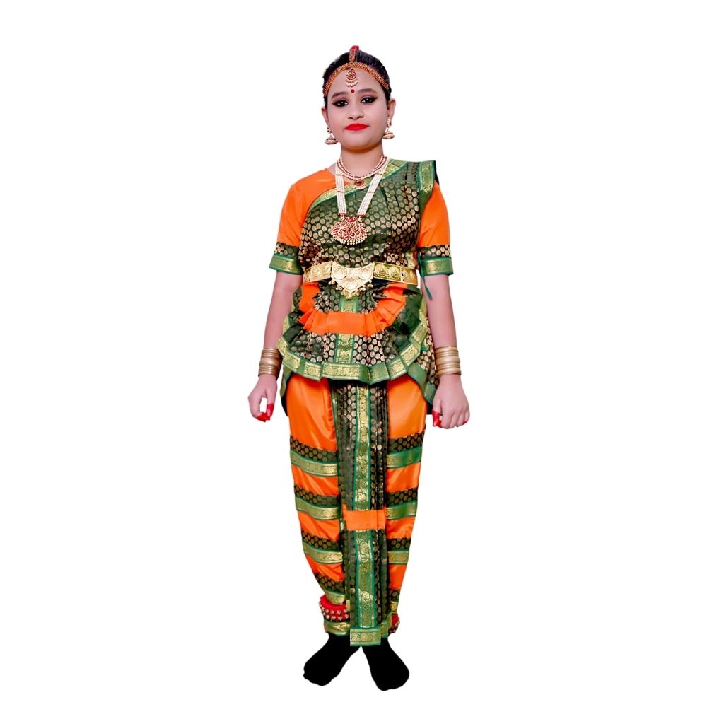 Bharatanatyam Dance Dress in Green & Orange Bharatanatyam Dance Dress in Green & Orange