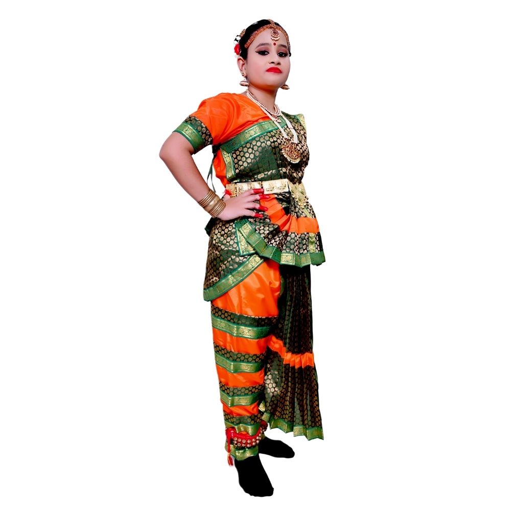 Bharatanatyam Dance Dress in Green & Orange Bharatanatyam Dance Dress in Green & Orange