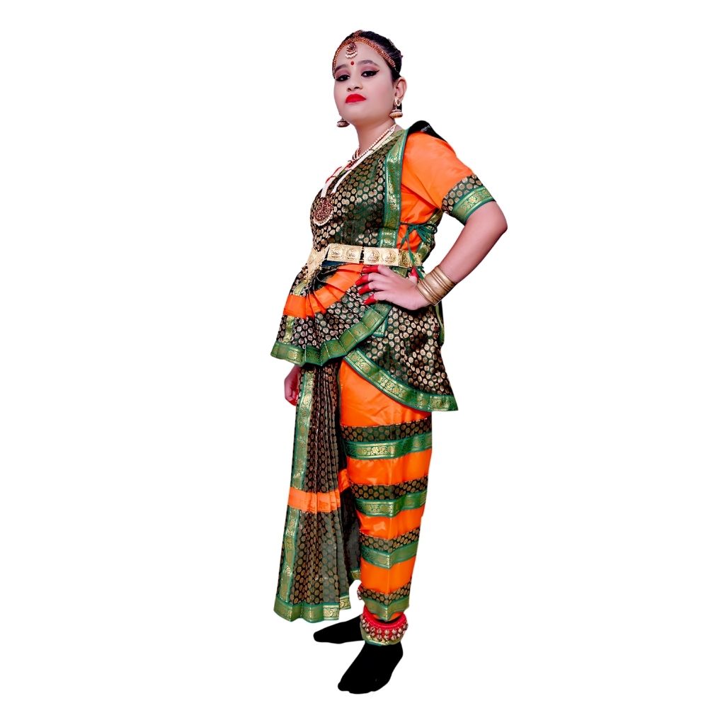Bharatanatyam Dance Dress in Green & Orange Bharatanatyam Dance Dress in Green & Orange