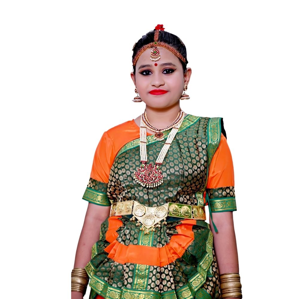 Bharatanatyam Dance Dress in Green & Orange Bharatanatyam Dance Dress in Green & Orange