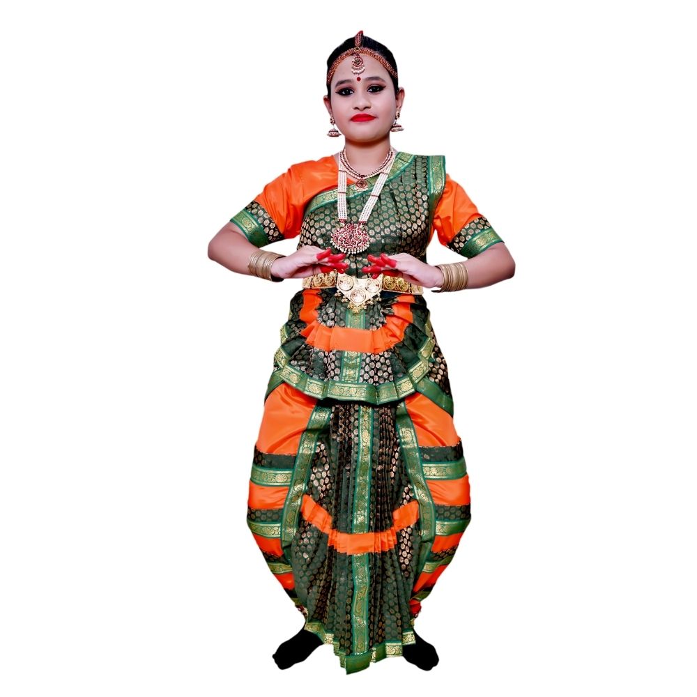 Bharatanatyam Dance Dress in Green & Orange