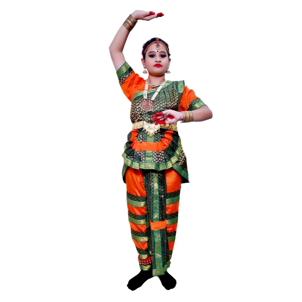 Bharatanatyam Dance Dress in Green & Orange Bharatanatyam Dance Dress in Green & Orange