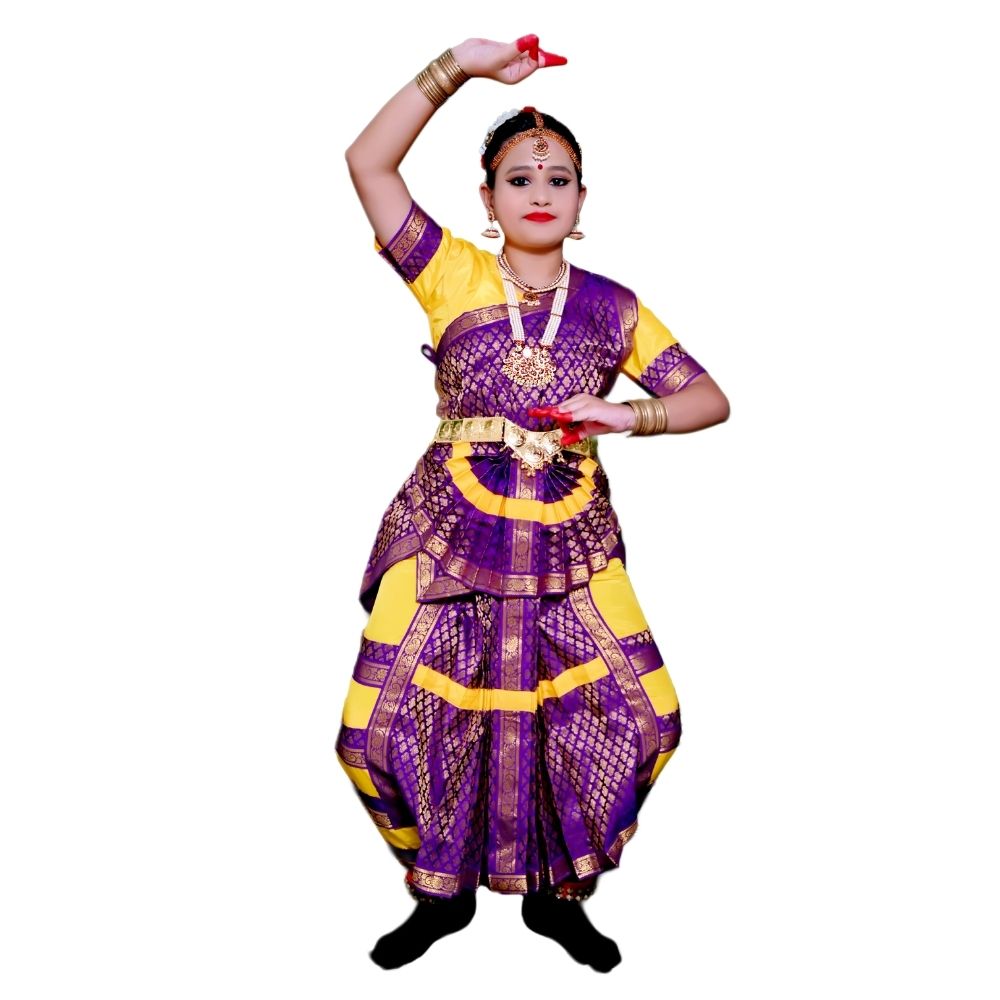 Bharatanatyam Dance Dress In Yellow & Purple Bharatanatyam Dance Dress In Yellow & Purple