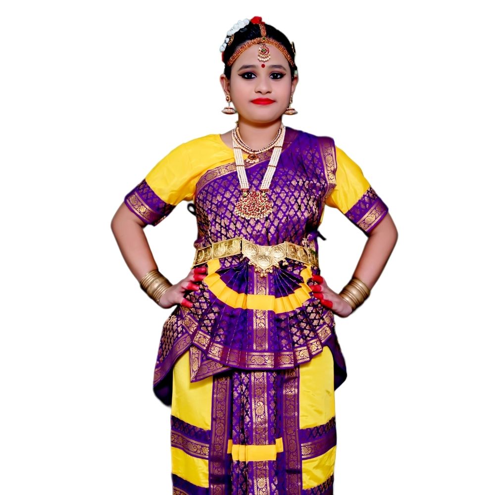 Bharatanatyam Dance Dress In Yellow & Purple Bharatanatyam Dance Dress In Yellow & Purple
