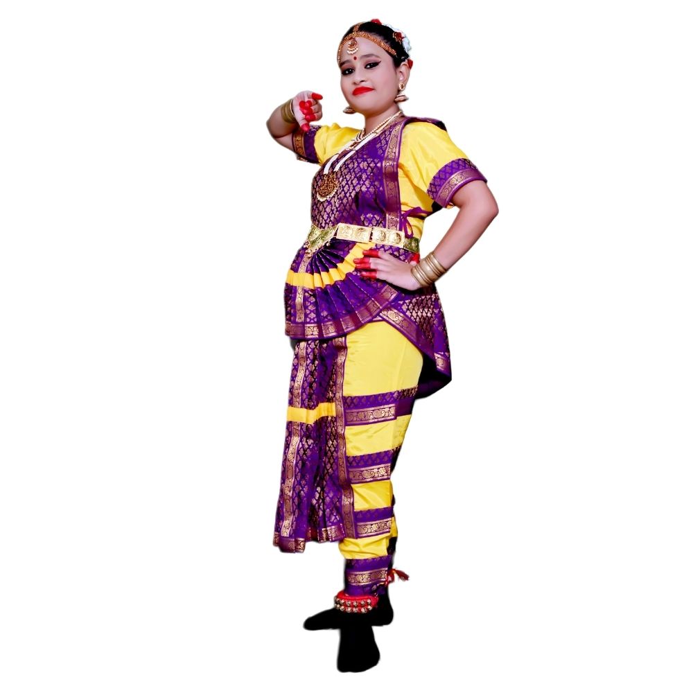 Bharatanatyam Dance Dress In Yellow & Purple Bharatanatyam Dance Dress In Yellow & Purple