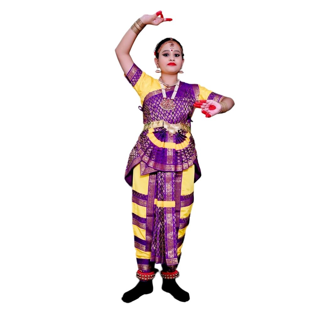Bharatanatyam Dance Dress In Yellow & Purple Bharatanatyam Dance Dress In Yellow & Purple