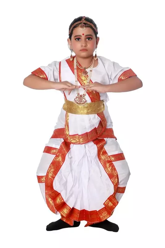 Bharatanatyam Dance Costume – White & Red Traditional Dress for Girls