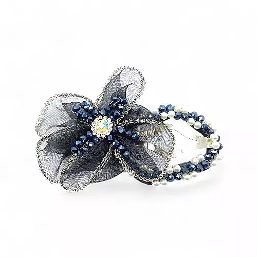 Elegant Black Floral Beaded Organza Hair Clip