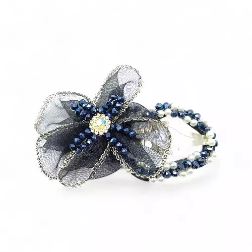 Elegant Black Floral Beaded Organza Hair Clip