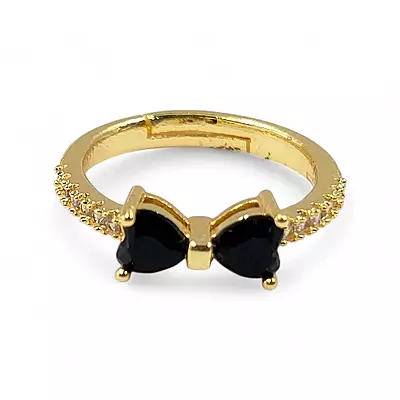 Gold-Plated Adjustable Butterfly Bow Ring - Black Zircon