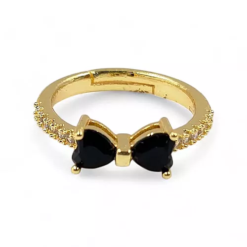 Gold-Plated Adjustable Butterfly Bow Ring - Black Zircon