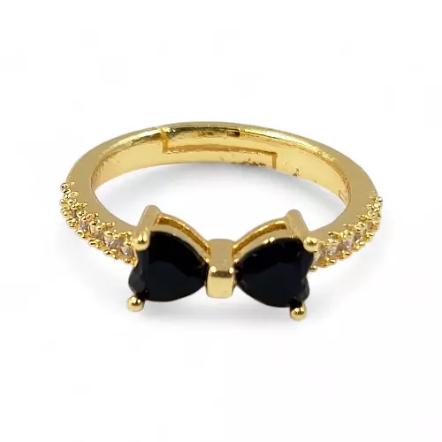 Gold-Plated Adjustable Butterfly Bow Ring - Black Zircon