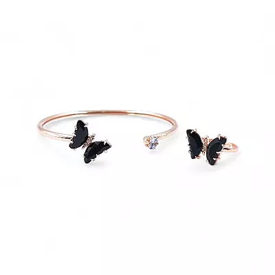 Rose Gold Butterfly Bangle & Ring Set - Black Stone