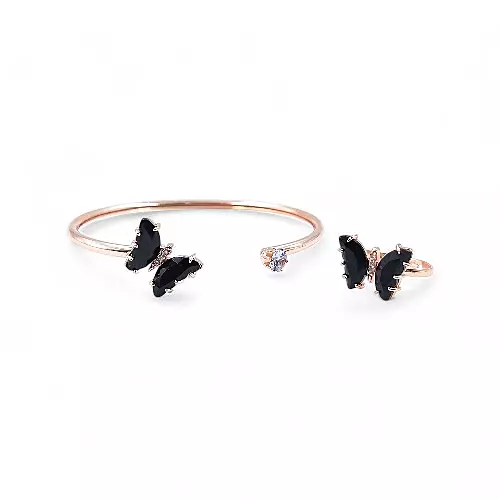 Rose Gold Butterfly Bangle & Ring Set - Black Stone