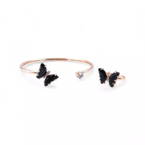 Rose Gold Butterfly Bangle & Ring Set - Black Stone