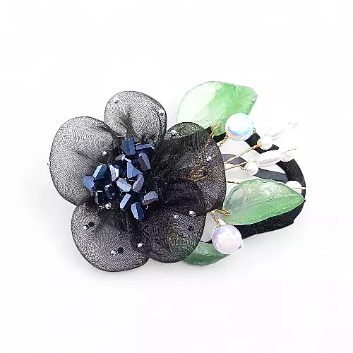 Elegant Black Floral Beaded Organza Snap Clip