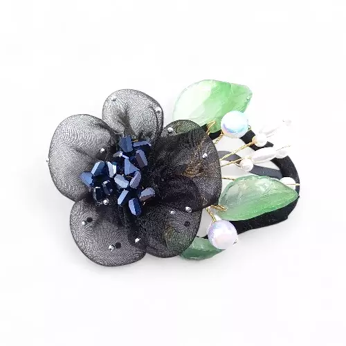 Elegant Black Floral Beaded Organza Snap Clip