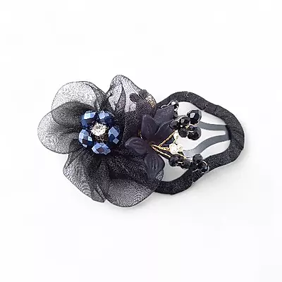 Elegant Black Floral Beaded Organza Snap Hair Clip