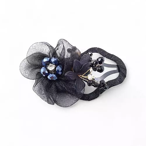Elegant Black Floral Beaded Organza Snap Hair Clip