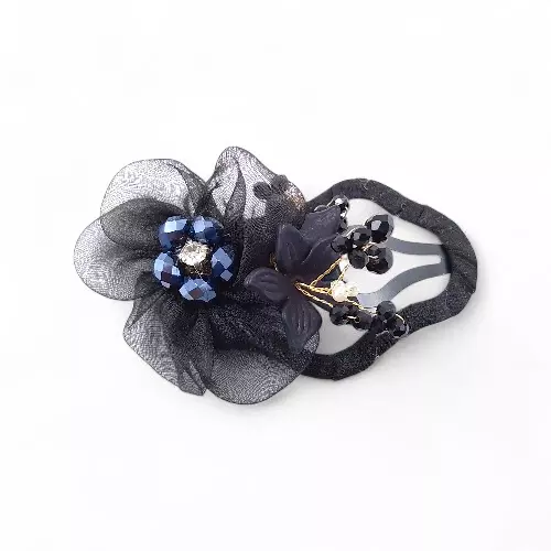 Elegant Black Floral Beaded Organza Snap Hair Clip