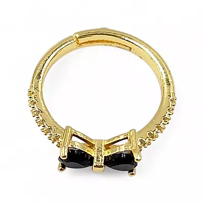 Gold-Plated Adjustable Butterfly Bow Ring - Black Zircon