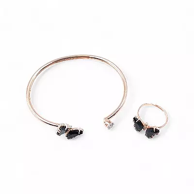 Rose Gold Butterfly Bangle & Ring Set - Black Stone