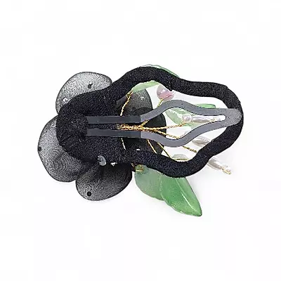 Elegant Black Floral Beaded Organza Snap Clip