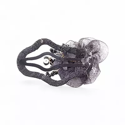 Elegant Black Floral Beaded Organza Snap Hair Clip