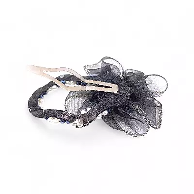 Elegant Black Floral Beaded Organza Hair Clip