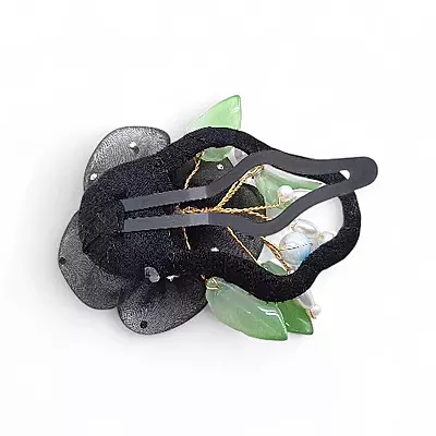 Elegant Black Floral Beaded Organza Snap Clip