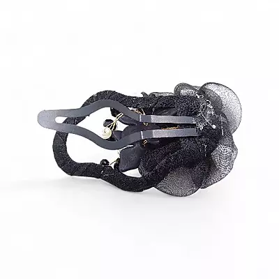 Elegant Black Floral Beaded Organza Snap Hair Clip