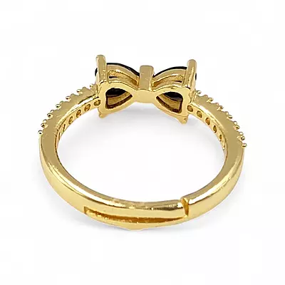 Gold-Plated Adjustable Butterfly Bow Ring - Black Zircon