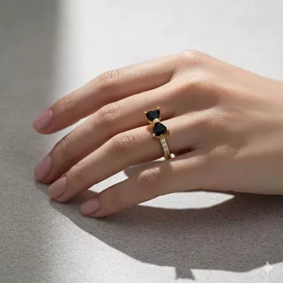 Gold-Plated Adjustable Butterfly Bow Ring - Black Zircon