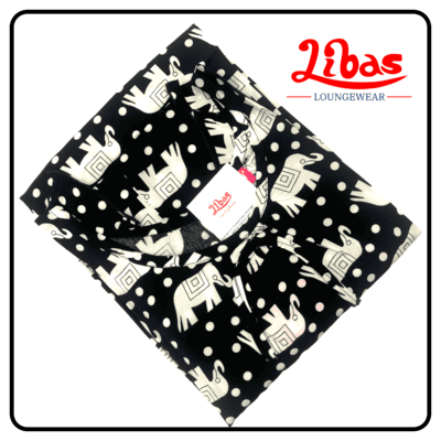 Black & half white geometric elephant printed rayon sleeveless nighty from libas loungewear-SL043