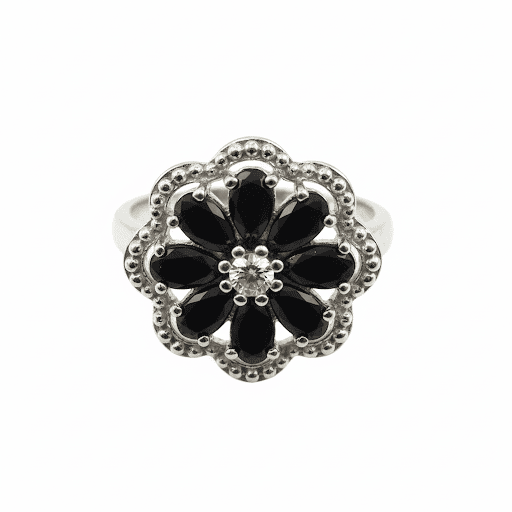 Stunning Flower Cluster Ring with Black Gemstones
