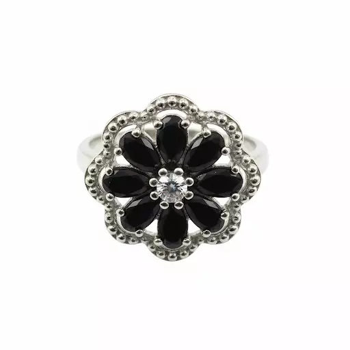 Stunning Flower Cluster Ring with Black Gemstones